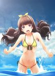  :d amanogawa_kirara bikini breasts brown_hair front-tie_top go!_princess_precure hairband long_hair looking_at_viewer navel ocean open_mouth precure purple_eyes side-tie_bikini slowpit small_breasts smile solo swimsuit twintails wading water yellow_bikini 
