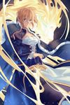  aqua_eyes artoria_pendragon_(all) black_dress blonde_hair blue_cape braid breasts cape dress fate/stay_night fate_(series) highres juliet_sleeves long_sleeves looking_at_viewer norizc puffy_sleeves revision saber shirt small_breasts solo sword weapon 