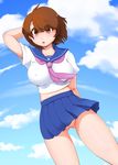 aniya_marumi arm_up blue_skirt blue_sky breasts brown_eyes brown_hair cloud commentary_request covered_nipples day dutch_angle eyes_visible_through_hair faxbunny large_breasts looking_at_viewer no_panties no_pupils open_mouth original outdoors pleated_skirt pussy school_uniform serafuku short_hair skirt sky solo uncensored upskirt 