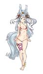  animal_ears anklet barefoot bikini blue_eyes breasts collarbone erune full_body granblue_fantasy highres jewelry looking_at_viewer medium_breasts micro_bikini navel silver_hair simple_background socie_(granblue_fantasy) solo swimsuit tail thomasz white_background wolf_ears wolf_tail 