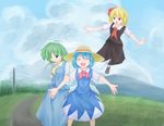  absurdres alternate_headwear arms_behind_back ascot blonde_hair blue_dress blue_hair cirno closed_eyes cloud cloudy_sky daiyousei day dress facing_viewer fairy_wings flying grass green_eyes green_hair hair_ribbon hat highres loafers looking_at_another looking_at_viewer mountain multiple_girls open_mouth outdoors outstretched_arms pantyhose red_eyes ribbon road rumia shoes short_hair short_sleeves shou_(ahiru_shinobu) side_ponytail skirt skirt_set sky smile spread_arms standing straw_hat telephone_pole touhou white_legwear wings 