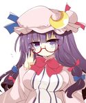  bell bespectacled breasts crescent crescent_hair_ornament glasses hair_bell hair_ornament hat highres large_breasts long_hair patchouli_knowledge purple_eyes purple_hair red-framed_eyewear shirogane_(platinum) solo touhou 