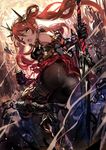  ass black_legwear fang gauntlets headwear holding holding_weapon land_of_caromag looking_at_viewer open_mouth panties panties_under_pantyhose pantyhose ran_(pixiv2957827) red_hair solo twintails underwear weapon 