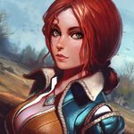  breasts brown_eyes cleavage closed_mouth face hair_bun ilya_kuvshinov jewelry large_breasts lips long_hair looking_at_viewer necklace red_hair smile solo the_witcher the_witcher_3 triss_merigold upper_body 