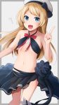  absurdres alternate_costume arm_up bangs bikini black_bikini blonde_hair blue_eyes blush bow bowtie commentary_request cosplay eyebrows_visible_through_hair flat_chest flower hair_between_eyes hat heart highres huge_filesize incredibly_absurdres jervis_(kantai_collection) kantai_collection long_hair looking_at_viewer navel open_mouth red_bow red_neckwear red_ribbon ribbon sailor_hat sarong simple_background smile solo standing swimsuit tatsuta_(kantai_collection) tatsuta_(kantai_collection)_(cosplay) thighs yunamaro 