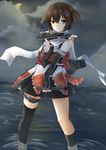  &gt;:) bangs black_legwear brown_eyes brown_hair cloud cloudy_sky hair_ornament hairclip highres holding holding_torpedo kantai_collection kertaspata kneehighs mismatched_legwear moon night ocean remodel_(kantai_collection) scarf sendai_(kantai_collection) short_hair single_kneehigh skirt sky smile solo torpedo two_side_up v-shaped_eyebrows water white_scarf 