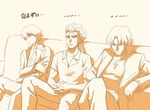  3boys comic commentary couch fate/stay_night fate_(series) gilgamesh kotomine_kirei lancer male_focus monochrome multiple_boys simple_background sitting translated tsukumo 