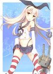  anchor_hair_ornament bare_shoulders black_panties blonde_hair blush crop_top elbow_gloves gloves gunp hair_ornament highleg highleg_panties kantai_collection long_hair looking_at_viewer miniskirt navel open_mouth panties rensouhou-chan shimakaze_(kantai_collection) skirt solo striped striped_legwear thighhighs underwear white_gloves yellow_eyes 