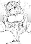  belt blush breasts camieux draph granblue_fantasy greyscale horned_headwear large_breasts looking_at_viewer monochrome parted_lips sitting tears yanagida_fumita 