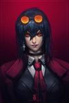  alucard_(hellsing) banned_artist black_hair breasts cross cross_earrings earrings genderswap genderswap_(mtf) goggles hellsing jewelry large_breasts long_hair looking_at_viewer paul_kwon red_eyes signature smile solo upper_body 