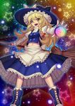  :d aiming_at_viewer apron ba_gua bamboo_broom blonde_hair boots braid broom cross-laced_footwear frilled_apron frilled_skirt frills hair_ribbon hat hat_ribbon highres juliet_sleeves kirisame_marisa light_particles long_hair long_sleeves mam_(weizhima23) midriff mini-hakkero multicolored multicolored_background navel open_mouth outstretched_hand puffy_sleeves ribbon single_braid skirt skirt_set smile solo star touhou tress_ribbon trigram waist_apron witch_hat yellow_eyes yin_yang 