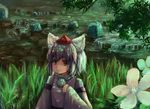  absurdres animal_ears detached_sleeves hat highres hoshino_arika inubashiri_momiji looking_at_viewer nature pom_pom_(clothes) short_hair silver_hair smile solo tokin_hat touhou water white_hair wolf_ears yellow_eyes 