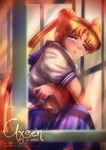  2015 alexandra_mae artist_name banned_artist bishoujo_senshi_sailor_moon blonde_hair blue_eyes blue_sailor_collar blurry crying depth_of_field derivative_work double_bun glass juuban_middle_school_uniform logo long_hair sad sailor_collar school_uniform screencap_redraw serafuku signature solo tears tsukino_usagi very_long_hair watermark web_address window 