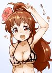  :d ahoge arm_up bikini blush breasts brown_eyes brown_hair cleavage flower front-tie_top hair_flower hair_ornament large_breasts long_hair looking_at_viewer open_mouth ponytail randou simple_background smile solo sweat swimsuit taneshima_popura translation_request upper_body working!! 