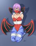  animal_print arms_behind_back bad_id bad_pixiv_id bare_shoulders bat_print bdsm blue_legwear bondage bound bound_legs breasts cleavage cloth_gag demon_girl demon_wings elbow_gloves gag gagged gloves head_wings highres improvised_gag kneeling leotard lilith_aensland lost_one_zero low_wings no_shoes over_the_nose_gag pantyhose print_legwear purple_hair red_eyes red_leotard short_hair small_breasts soles solo succubus tape tape_bondage tape_gag toes vampire_(game) wings 