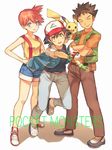  2boys bare_legs baseball_cap black_hair blue_eyes blurry brown_eyes brown_hair closed_eyes copyright_name crossed_arms denim denim_shorts depth_of_field fingerless_gloves gen_1_pokemon gloves grin hands_on_hips hat highres holding holding_poke_ball kasumi_(pokemon) multiple_boys open_mouth orange_hair pikachu poke_ball pokemon pokemon_(anime) pokemon_(classic_anime) pokemon_(creature) satoshi_(pokemon) shirt shoes short_hair shorts side_ponytail sleeveless sleeveless_shirt smile sneakers suspenders takeshi_(pokemon) white_background yasiromann 