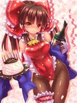  alcohol alternate_costume ascot bare_shoulders blush bottle bow breasts brown_eyes brown_hair brown_legwear cake candle champagne elbow_gloves food gloves hair_bow hair_tubes hakurei_reimu highres large_breasts leg_garter leotard looking_at_viewer pantyhose red_leotard smile solo touhou tray tsukigami_chronica white_gloves 