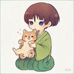  alternate_costume ayu_(mog) bad_id bad_pixiv_id bangs brown_hair dog green_hakama hakama heart ishikirimaru japanese_clothes kimono lowres male_focus simple_background sitting solo touken_ranbu 