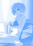  :d barefoot bed bed_sheet bikini blue blush breast_suppress breasts character_request commentary_request fang getsuyoubi_no_tawawa hands_clasped himura_kiseki large_breasts looking_at_viewer monochrome navel on_bed open_mouth own_hands_together pillow ponytail short_hair side-tie_bikini sitting smile solo swimsuit wariza 