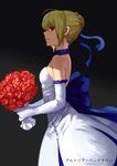  absurdres ahoge artoria_pendragon_(all) bare_shoulders blonde_hair bouquet breasts choker dress elbow_gloves fate/stay_night fate_(series) flower from_side gloves green_eyes hair_ribbon highres long_dress ribbon ribbon_choker saber short_hair sideways_mouth small_breasts solo strapless strapless_dress takamitsu-kun white_dress white_gloves 