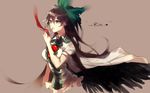  black_wings brown_background brown_eyes brown_hair cape character_name downscaled hair_ornament hair_ribbon heart hug_(yourhug) kaenbyou_rin long_hair md5_mismatch puffy_sleeves reiuji_utsuho resized ribbon severed_hair shirt short_sleeves simple_background solo_focus third_eye touhou upper_body wings 