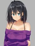  aqua_eyes bare_shoulders black_hair breasts cleavage earrings grey_background isshiki_(ffmania7) jewelry large_breasts looking_at_viewer off-shoulder_sweater ribbed_sweater short_hair simple_background smile solo sweater yahari_ore_no_seishun_lovecome_wa_machigatteiru. yukinoshita_haruno 