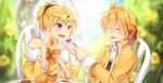  1girl ahoge aku_no_meshitsukai_(vocaloid) aku_no_musume_(vocaloid) allen_avadonia bare_shoulders blonde_hair blue_eyes blush brother_and_sister chair closed_eyes evillious_nendaiki feeding food fork fruit hair_ornament hair_ribbon hairclip highres kagamine_len kagamine_rin mipi off_shoulder open_mouth ponytail ribbon riliane_lucifen_d'autriche short_hair siblings sitting smile strawberry twins updo vocaloid 