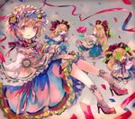  alice_margatroid apron blonde_hair blue_dress blue_eyes bow capelet cha_goma closed_eyes doll dress flower hair_bow hairband high_heels highres lolita_hairband looking_at_viewer pink_eyes ribbon sash shanghai_doll smelling_flower smile solo touhou waist_apron 