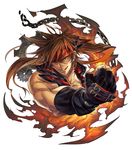  :q black_gloves brown_hair chain clenched_hand fingerless_gloves gears gloves guilty_gear headband highres licking_lips lips long_hair male_focus muscle oro_(sumakaita) ponytail sleeveless sol_badguy solo tongue tongue_out upper_body white_background 