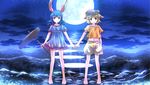  animal_ears barefoot blue_dress blue_hair bunny_ears cloud dress ear_clip flat_cap floppy_ears full_moon hat highres holding_hands kine midriff moon multiple_girls navel night open_mouth orange_shirt puffy_short_sleeves puffy_shorts puffy_sleeves red_eyes ringo_(touhou) risutaru seiran_(touhou) shirt short_sleeves shorts sky smile star_(sky) starry_sky touhou 