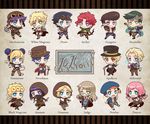  3girls 6+boys bandana_over_mouth book bow bowtie bruno_buccellati caesar_anthonio_zeppeli cane chibi cleavage_cutout dio_brando facial_mark fingerless_gloves flask formal giorno_giovanna glasses gloves goggles goggles_on_headwear gun gyro_zeppeli hair_bobbles hair_ornament hammer hat head_wings headband higashikata_jousuke higashikata_jousuke_(jojolion) hirose_yasuho hood johnny_joestar jojo_no_kimyou_na_bouken jojolion jonathan_joestar kakyouin_noriaki kira_yoshikage kishibe_rohan knife kuujou_jolyne kuujou_joutarou monocle multiple_boys multiple_girls nightcat pipe pompadour sparkle steel_ball_run sword top_hat weapon whip 