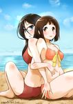  2girls back-to-back bangs barefoot beach bikini black_hair blue_eyes blue_sky blush bob_cut brown_eyes dated day glasses hair_between_eyes hibike!_euphonium horizon locked_arms long_hair mole mole_under_eye multiple_girls nakaseko_kaori navel orange_bikini outdoors parted_bangs parted_lips rainydayjp red-framed_eyewear red_bikini sand semi-rimless_eyewear short_hair sitting sky swimsuit tanaka_asuka twitter_username 