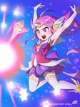  alternate_costume alternate_hair_color alternate_hairstyle bow brooch casting_spell elbow_gloves gloves highres jewelry jumping league_of_legends luxanna_crownguard magical_girl phantom_ix_row pink_hair ribbon solo star star_guardian_lux thighhighs tiara wand zettai_ryouiki 