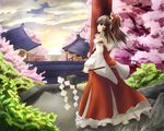  architecture bow brown_hair cherry_blossoms cloud cloudy_sky detached_sleeves east_asian_architecture fen_zuo gohei hair_bow hair_tubes hakurei_reimu pillar ponytail profile red_eyes short_hair skirt skirt_set sky solo stairs touhou tree twilight 