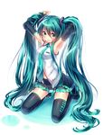  aqua_eyes aqua_hair armpits black_legwear colorized detached_sleeves ginta hair_ornament hand_in_hair hatsune_miku kneeling long_hair long_sleeves necktie ntk_(7t5) shirt skirt solo thighhighs twintails very_long_hair vocaloid wide_sleeves zettai_ryouiki 