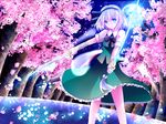  blue_eyes cherry_blossoms contrapposto dual_wielding expressionless full_moon hair_ribbon highres holding katana konpaku_youmu konpaku_youmu_(ghost) light_particles looking_at_viewer moon night night_sky outdoors petals ribbon sakipsakip short_hair short_sleeves silver_hair skirt skirt_set sky solo standing sword touhou tree weapon wrist_wrap 