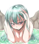  arms_up blush green_hair grey_eyes hair_in_mouth kantai_collection long_hair mikagami_sou mouth_hold nude onsen partially_submerged solo suzuya_(kantai_collection) 