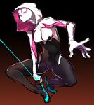  absurdres bodysuit breasts covered_navel full_body gloves gradient gradient_background gwen_stacy highres hood jumping looking_to_the_side makai marvel mask no_pupils silk sketch skin_tight solo spider-gwen spider-man_(series) spider_web spider_web_print spread_legs superhero 
