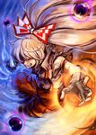  bow calpish clenched_teeth fire fujiwara_no_mokou hair_bow long_hair red_eyes solo suspenders teeth touhou white_hair 