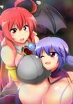  2girls amulet armlet breasts demon_girl demon_tail demon_wings earth fang giantess head_wings huge_breasts mgear moralgear multiple_girls pointy_ears purple_hair red_eyes red_hair smile tail wing_collar wings 