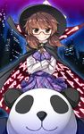  brown_eyes brown_hair cape chima_q city_lights clothes_writing crossed_arms dress glasses hat highres looking_at_viewer panda purple_dress quimbaya_airplane red-framed_eyewear shirt smile solo touhou usami_sumireko 