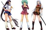  3girls blue_eyes breasts chouun_shiryuu cleavage dark_skin eyes_closed fingerless_gloves gloves green_eyes green_hair ikkitousen kan&#039;u_unchou kan'u_unchou large_breasts lineup long_hair looking_at_viewer miniskirt multiple_girls ponytail purple_hair ryofu_housen short_skirt skirt smile socks spear standing sword twintails very_long_hair weapon white_background white_hair 