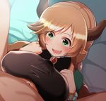  1girl blush braid breasts brown_hair carmelina_(granblue_fantasy) clothed_female_nude_male covered_nipples draph fang granblue_fantasy green_eyes heart heart-shaped_pupils hetero horns izumi_arima large_breasts long_hair nude open_mouth paizuri paizuri_under_clothes pointy_ears smile symbol-shaped_pupils twin_braids 