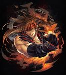  :q black_gloves brown_hair chain clenched_hand fingerless_gloves gears gloves guilty_gear headband highres licking_lips lips long_hair male_focus muscle oro_(sumakaita) ponytail sleeveless sol_badguy solo tongue tongue_out upper_body 