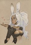  animal_ears blown_kiss breasts bunny_ears cleavage dark_skin final_fantasy final_fantasy_xii fran lips long_hair medium_breasts nose red_eyes revealing_clothes see-through solo upper_body vambraces viera whistle_frog white_hair 