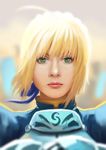  ahoge armor armored_dress artoria_pendragon_(all) bad_id bad_pixiv_id blonde_hair blurry close-up depth_of_field eyelashes face fate/stay_night fate_(series) fateline_alpha green_eyes hair_ribbon lips nose realistic ribbon saber short_hair solo 