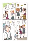  5girls ahoge akigumo_(kantai_collection) arm_warmers bangs bike_shorts black_bow black_hair black_legwear black_shorts blue_bow blue_neckwear blue_sailor_collar boots bow brown_eyes brown_hair bunching_hair chibi closed_eyes comic dress eyebrows_visible_through_hair fairy_(kantai_collection) gloves grey_hair grey_legwear grey_skirt grey_vest hair_bow hair_ribbon hand_on_hip hasegawa_keita highres holding holding_microphone instrument instrument_request isokaze_(kantai_collection) kagerou_(kantai_collection) kantai_collection kasumi_(kantai_collection) long_sleeves looking_up mast microphone multiple_girls neckerchief no_neckwear pantyhose pleated_dress pleated_skirt red_ribbon ribbon sailor_collar seamed_legwear shirt short_sleeves shorts shorts_under_skirt single_thighhigh skirt speech_bubble standing star suspender_skirt suspenders sweatdrop thighhighs translation_request tress_ribbon twintails type_3_active_sonar vest white_gloves white_shirt wing_collar yellow_neckwear 
