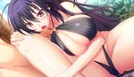  1girl atelier_kaguya baku_ane_otouto_shibocchau_zo! blush breast_squeeze breasts cameltoe censored choco_chip cleavage erect_nipples game_cg huge_breasts legs long_hair mio_(baku_ane) mosaic_censoring open_mouth penis purple_hair red_eyes sitting solo_focus standing sweat swimsuit thigh_sex thighs 