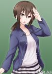  :o alternate_costume anti_(untea9) brown_eyes brown_hair casual commentary_request denim denim_jacket fubuki_(kantai_collection) green_background kantai_collection looking_at_viewer open_mouth ponytail salute short_hair short_ponytail simple_background skirt solo striped striped_skirt twitter_username upper_body v-shaped_eyebrows 