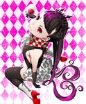  argyle argyle_background arizuka_(catacombe) bangs black_gloves black_legwear borrowed_character cup drinking_glass frilled_skirt frills from_above gloves high_heels highres long_hair looking_at_viewer original purple_hair red_eyes red_footwear scarf shoes sitting skindentation skirt smile solo thighhighs tiara very_long_hair wariza wine_glass 